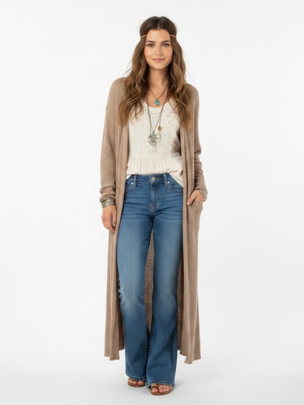 Mod Ref | Tan beige comfy ribbed knit open duster cardigan front pockets
